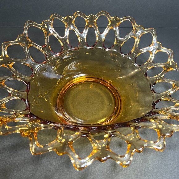 Vintage Westmoreland Amber Doric Centerpiece Lace Lattice Edge Glass Bowl - Picture 4 of 8
